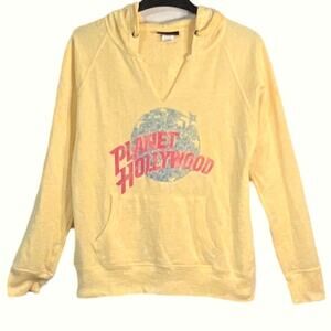 PLANET HOLLYWOOD Womens Hoodie Size L Yellow Lightweight Pullover Center Pocket